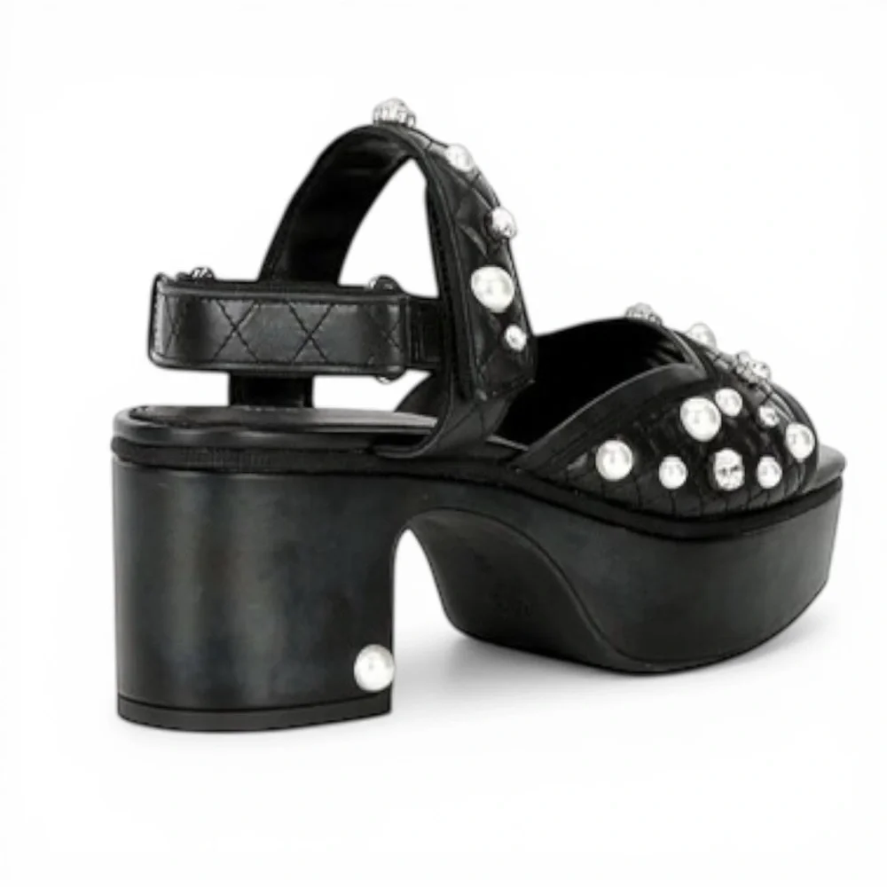 Gianni Bini Zoeyy Platform Sandals 7.5 Black Pearl Rhinestone Quilted Toe W